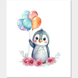 baby penguin holds balloon Posters and Art